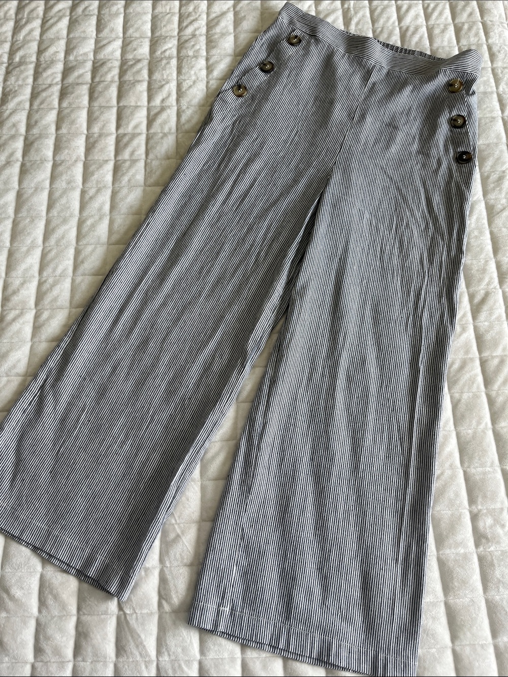 Bohme Wide Leg Pinstripe Sailor Button-Accent Navy & White Pants